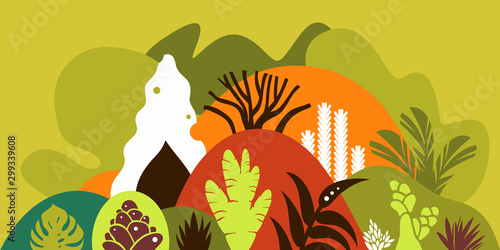 Fototapeta Naklejka Na Ścianę i Meble -  Mountain hilly landscape with tropical plants and trees, palms, succulents. Scandinavian style. Environmental protection, ecology. Park, exterior space, outdoor. Vector illustration.