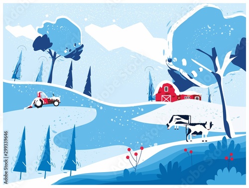 Vector illustration of Countryside landscape in winter,banner of farm house.The snowy blue mountain,hill with snow fall,barn and cow. Concept of organic cattle farm in winter.red blue  color.