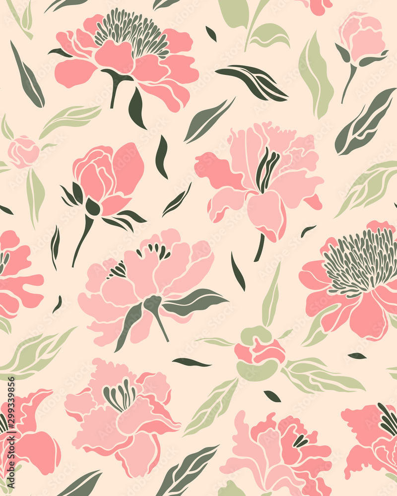 Seamless pattern with pink, red lilies and peonies on a light background. Surface design. Texture for fabric, wallpaper, paper. Vector illustration.