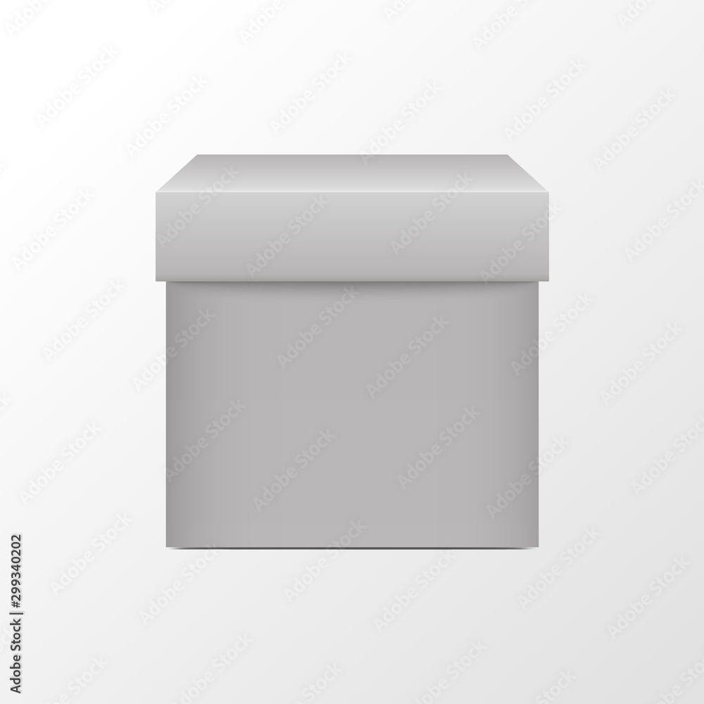 White box. Square package. 3D realistic blank cube. Front view. Cardboard shoebox White box. Square package. 3D realistic blank cube. Front view. Cardboard shoebox