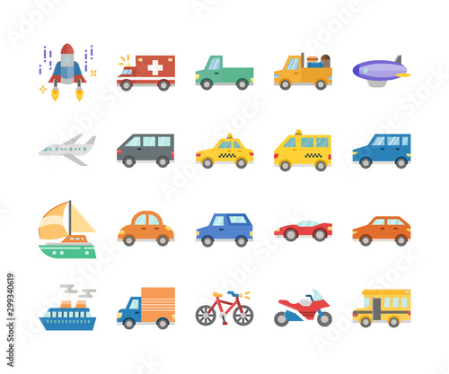 public car and transports flat design icon set, vector and illustration
