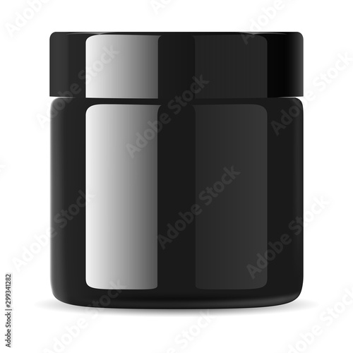 Black cosmetic cream jar. Face lotion packaging. Beauty container blank. Premium advertising mockup. Gloss plastic package for creme, powder, serum, supplement. Realistic wax box