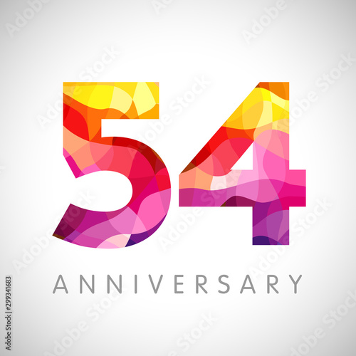54 th anniversary numbers. 54 years old yellow coloured logotype. Age congrats, congratulation idea. Isolated abstract graphic design template. Creative 4, 5 3D digits. Up to 54% percent off discount. photo