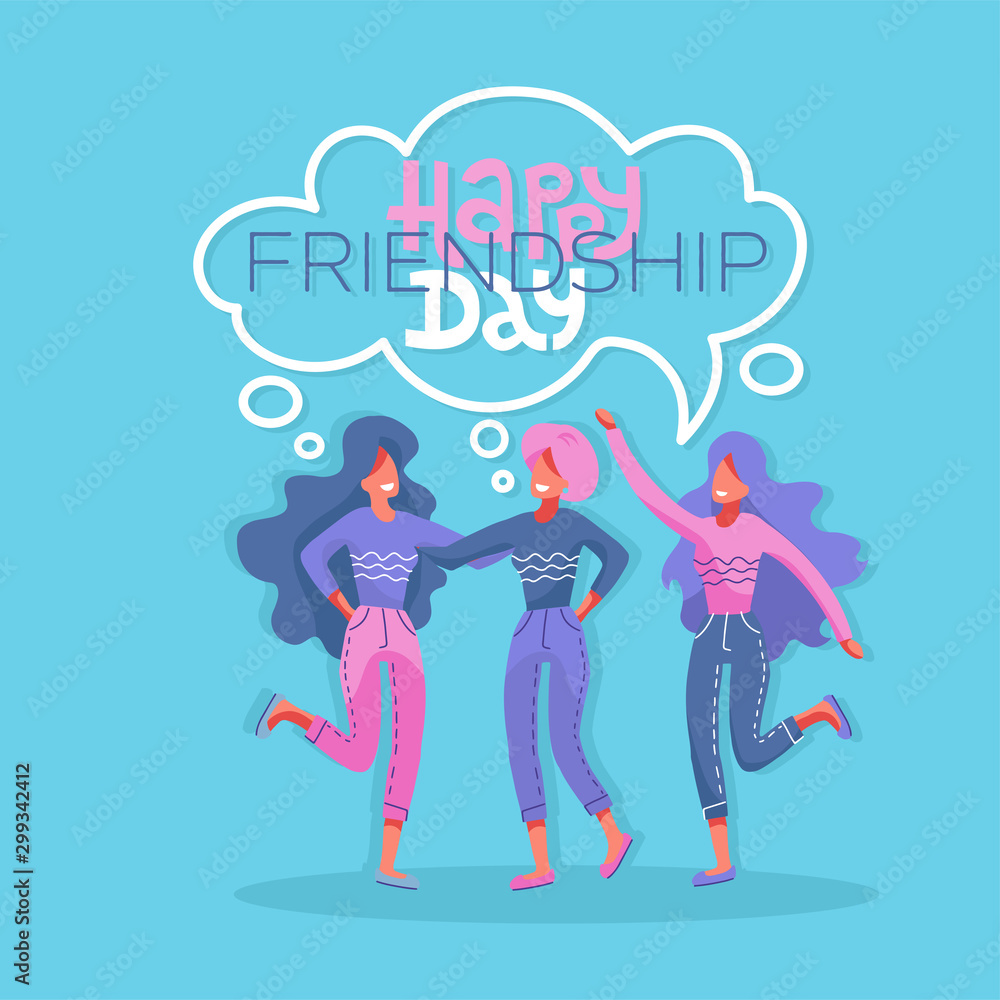 Three young beautiful women in a moment of friendship. Modern flat style illustration. Happy friendship day greeting card. 3 girls hugging and smiling for friend celebration event. Three young beautiful women in a moment of friendship. Modern flat style illustration. Happy friendship day greeting card. 3 girls hugging and smiling for friend celebration event.