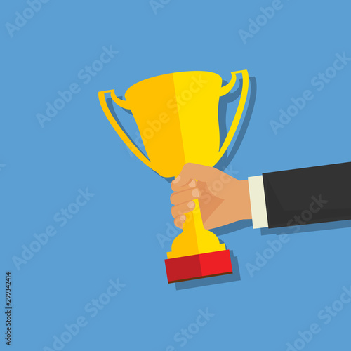 Business goal achievement vector concept, flat style happy successful businessman holding golden cup award in hand, leadership idea, first place prize victory, competition winner