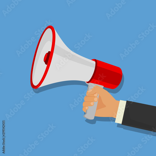 Cartoon human hand holding megaphone. Social media marketing concept.
