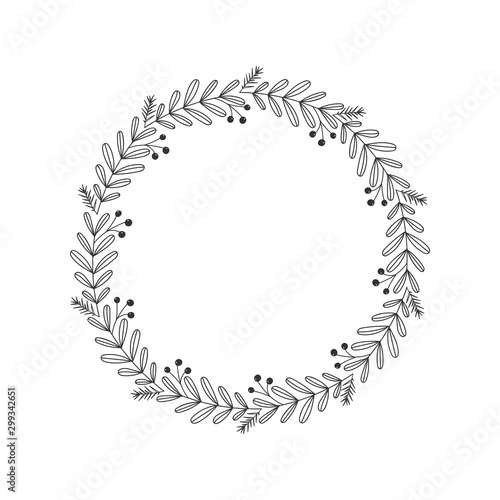 Christmas floral hand drawn wreath on white background