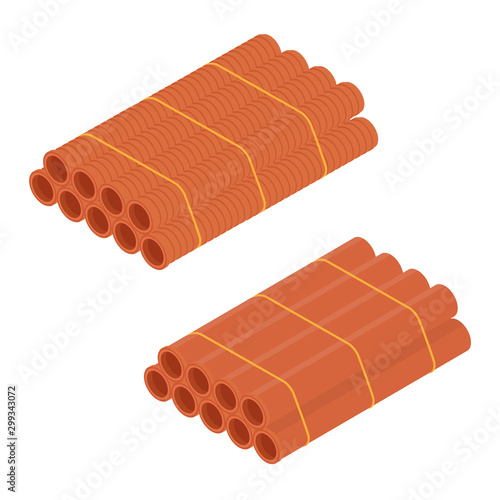 Stacked orange sanitary pvc pipes isolated on white background isometric view