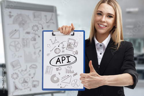 Business, technology, internet and network concept. Young businessman shows a key phrase: API