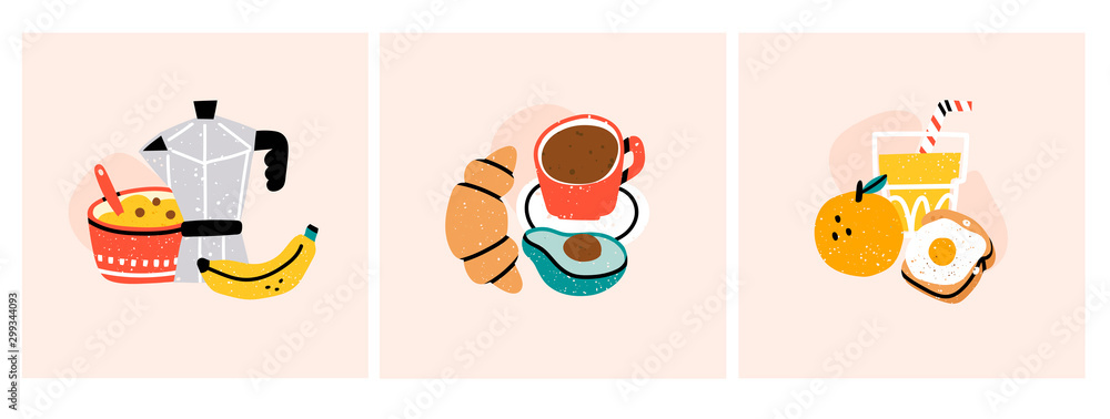 Morning. Healthy breakfast. Cereals, tea or coffee pot and banana, juice, croissant, avocado, egg, orange. Set of three hand drawn trendy vector illustrations. Cartoon style. Flat design. 