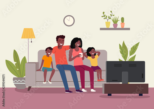 Mother and father with children sitting on sofa and watching TV in the living room. Happy afro american family.Vector flat style illustration