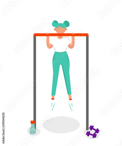 Fit woman in sport outfits is doing exercises on horizontal bar. Isolated icon.