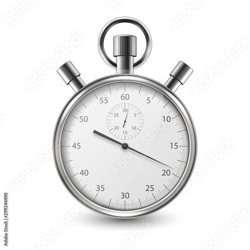 Realistic Silver Steel Classic Stopwatch Icon Closeup Isolated on White Background. Stop-watch Design Template. Sport Timer on Competitions. Start, Finish, Time Management. Stock Vector Illustration