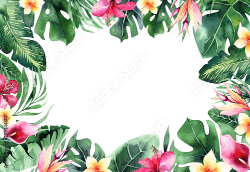 Set of bright watercolor tropical monstera leaves. bouquet tropic palm leaf, flower and branches from the jungle. Exotic background botanical design hawaii