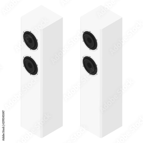 White acoustic speakers, loudspeakers isolated on white background isometric view