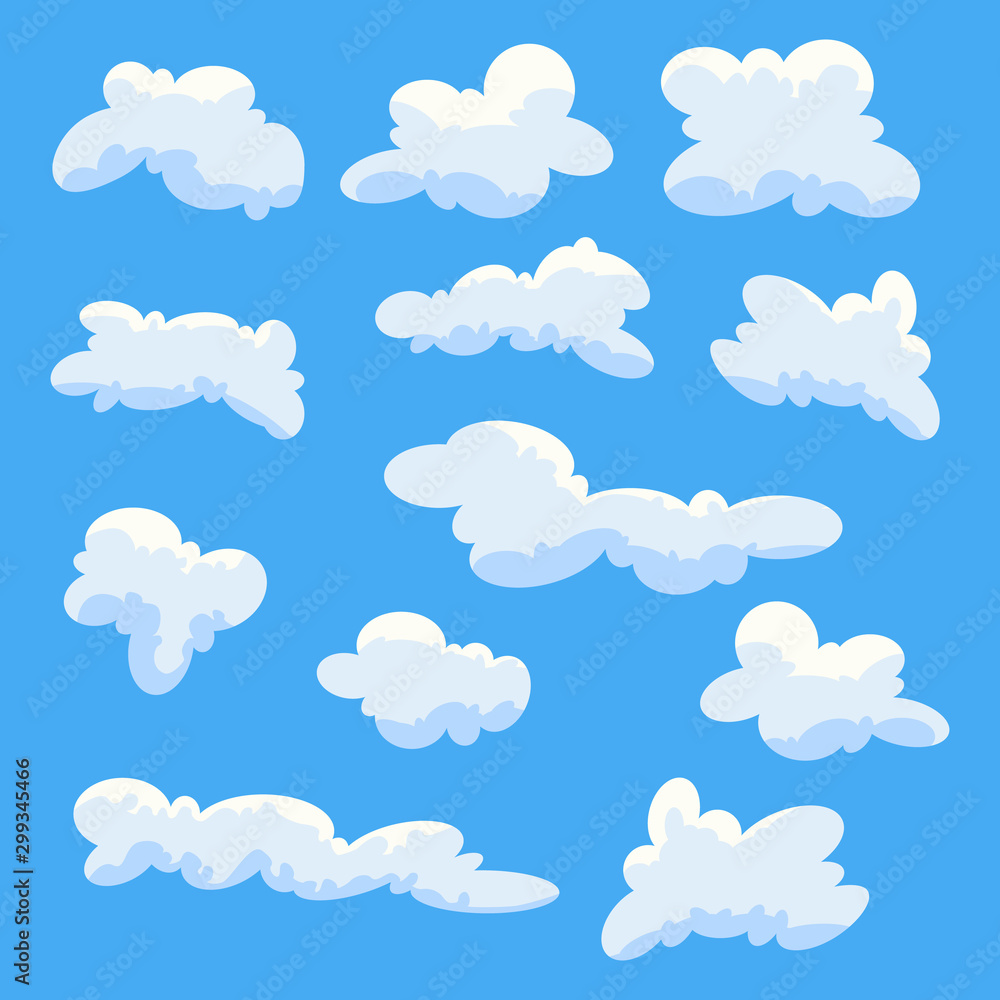 Vector clouds collection isolated on blue background.