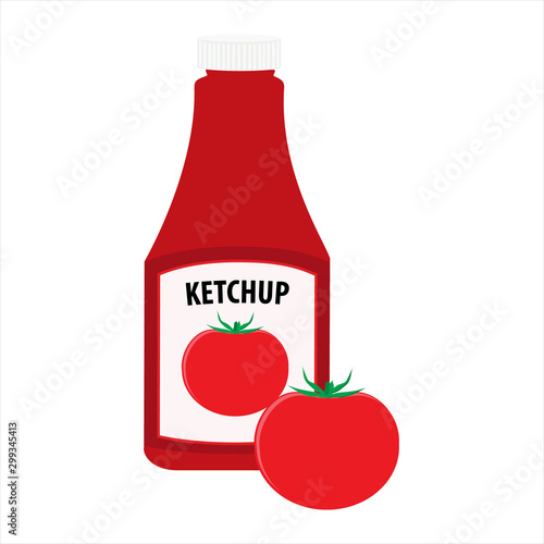 Tomato ketchup bottle and whole red tomato.