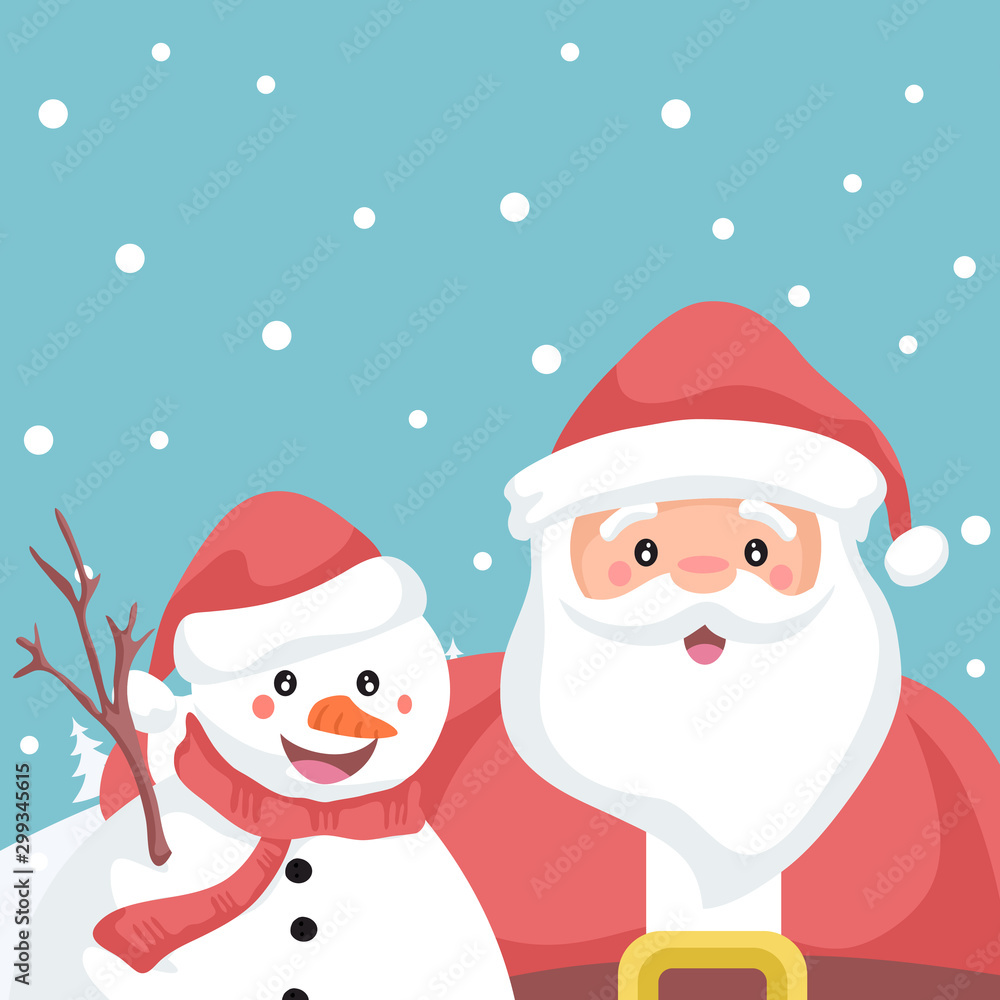 Merry Christmas card of Santa Claus and snowman embraced Merry Christmas card of Santa Claus and snowman embraced