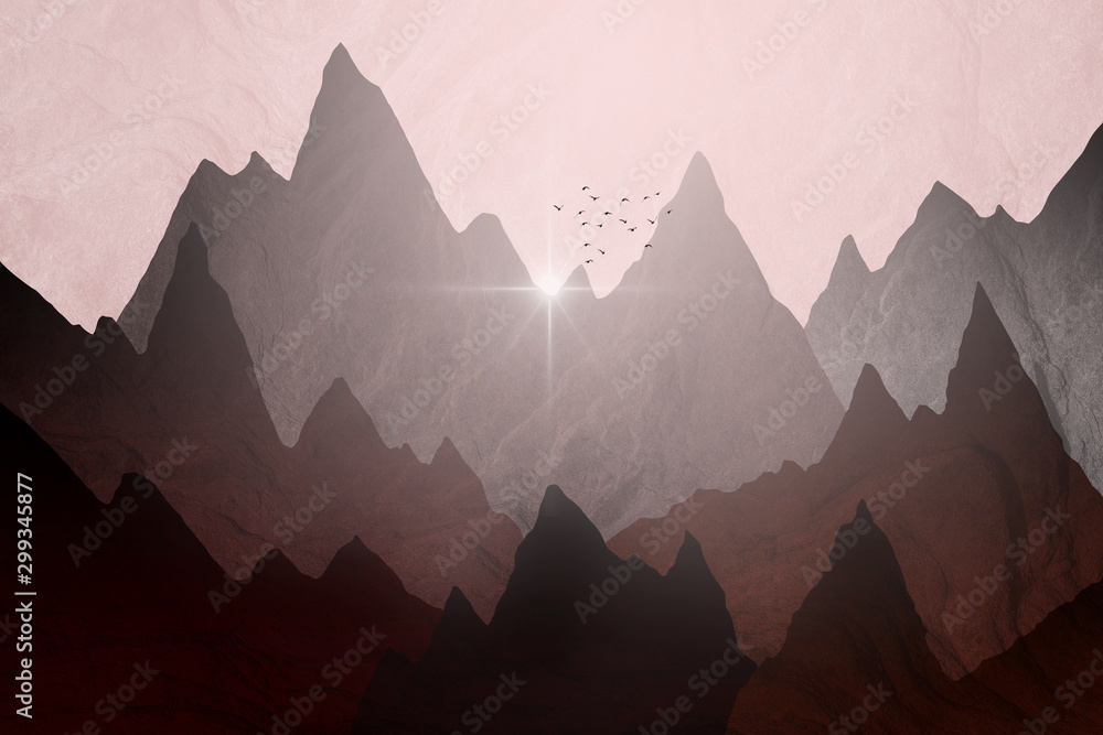 Mountain Landscape illustration with distant mist, fir trees, and flock of birds over mountains. Processed in graduated red tones.