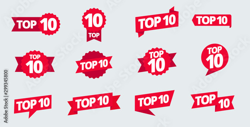 Top 10 heading title set. Best ten list. Word on ribbon. Winner tape award text title. photo