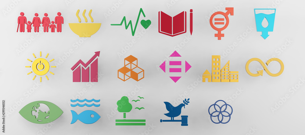 Sustainable Development Goals set seventeen colorful icon. 3D rendering - obrazy, fototapety, plakaty 