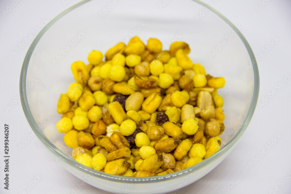 beer mix in a plate. Raisins, Peanuts, Fried Corn, Chickpeas beer mix in a plate. Raisins, Peanuts, Fried Corn, Chickpeas