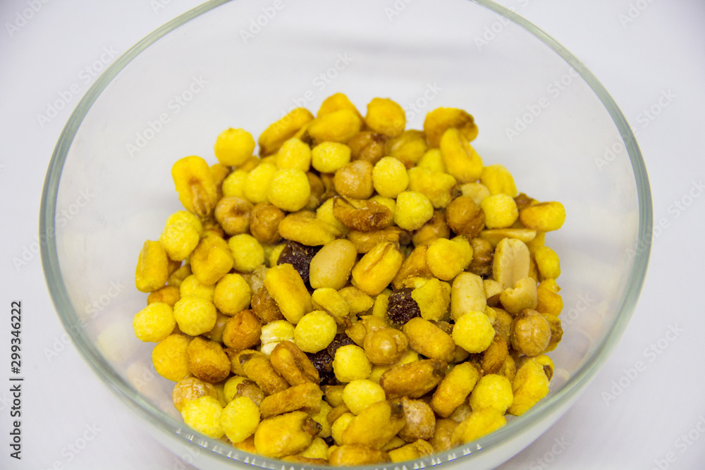 beer mix in a plate. Raisins, Peanuts, Fried Corn, Chickpeas beer mix in a plate. Raisins, Peanuts, Fried Corn, Chickpeas