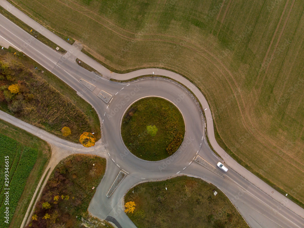 Birds eye view of roundabout traffic