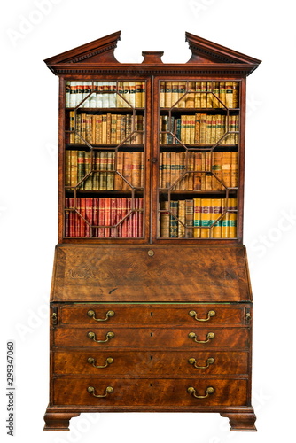 Beautiful old wooden bureau bookcase with books on a white background.