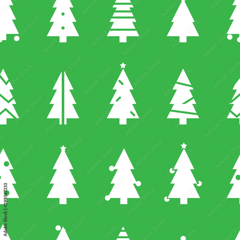 Fototapeta premium Simple Christmas seamless pattern with white Christmas trees. Retro textile collection. On green background