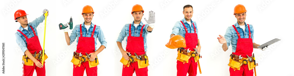 Rear view of Male Construction Worker with short black hair in uniform Isolated Rear view of Male Construction Worker with short black hair in uniform Isolated