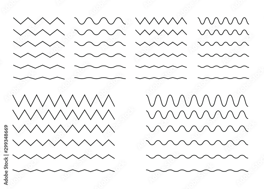 Set of zigzag wavy or zigzag lines. Horizontal thin lines wave. Dotted line. Vector illustration.