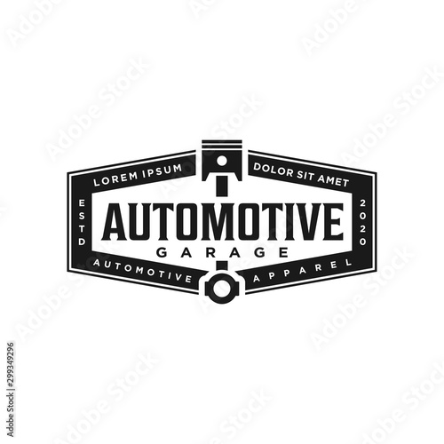 Automotive logo design, vintage style logo for garage workshop with piston gear element