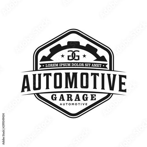Automotive logo design, vintage style logo for garage workshop with piston gear element