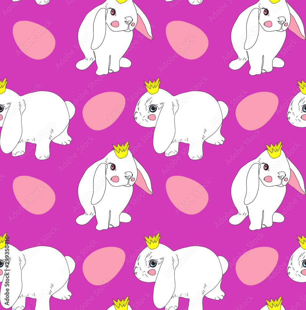 Cute white rabbits and eggs on pink background. Seamless pattern. Illustration. Easter design concept for fabric, paper, card, poster, walpaper. Cute white rabbits and eggs on pink background. Seamless pattern. Illustration. Easter design concept for fabric, paper, card, poster, walpaper.