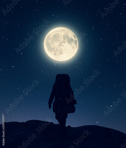 Backpacker on top of the peak under the moon light,3d illustration**3d figures