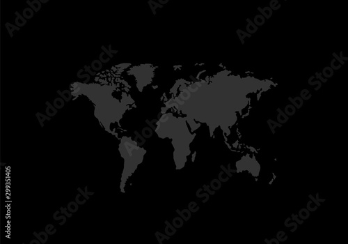 World map vector, isolated on black background. Vector illustration of grey world map silhouette on black background.