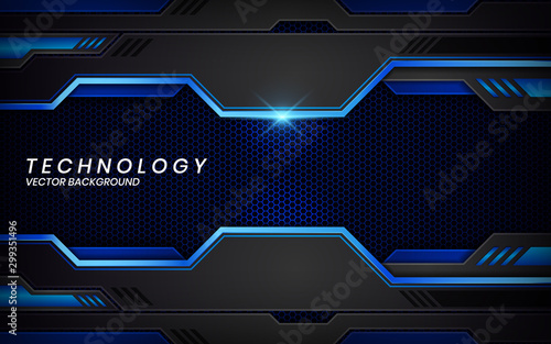 Abstract metallic black blue frame layout modern tech design template. Overlap layers 3D effect with blue light decoration.