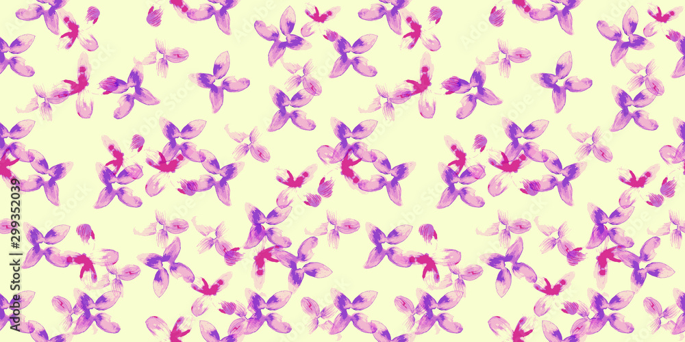 Purple and pink vector flowers over light yellow background - Seamless repeating pattern for paper, textiles of backgrounds