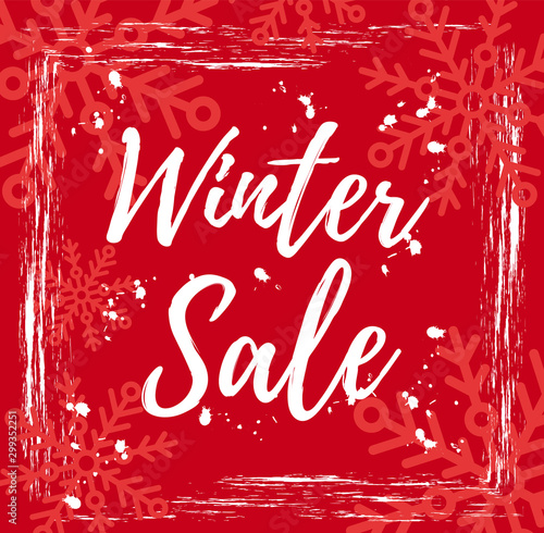 Winter sale banner template. Red vector illustration of season clearance sale offer. Grunge paint flyer poster background with snowflakes