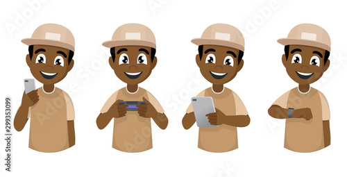 Cartoon character Poses, Young African boy uses various gadgets. The guy is holding a smartphone and tablet, playing video games and looking at the screen of a smart watch.