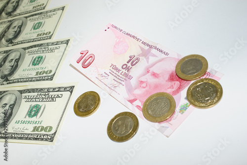steps of one hundred American dollar bills on which rises a banknote of ten Turkish Lira and Turkish coins Kurush