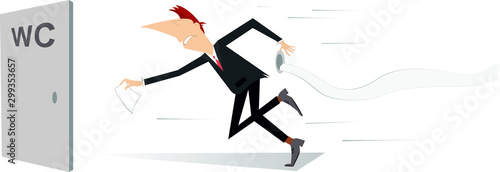 Man with diarrhea rushing to the toilet illustration.  Man with diarrhea holds a tissue roll running towards the door with sign WC isolated on white  