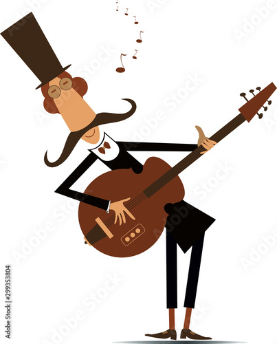 Cartoon long mustache guitarist is playing music illustration isolated. Mustache man in the top hat plays guitar and sings isolated on white