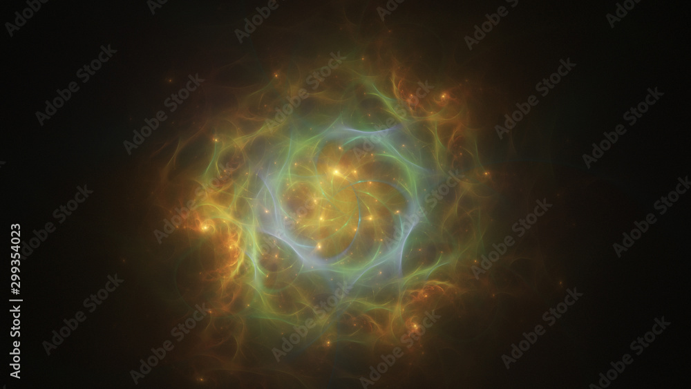 Abstract golden and green glowing shapes. Fantasy light background. Digital fractal art. 3d rendering.