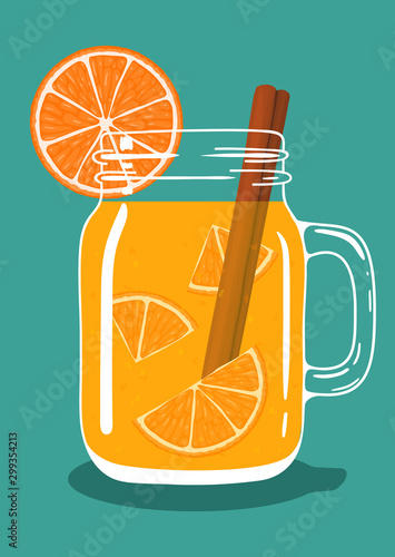 Fresh spicy orange tea drink with orange pieces and cinnamon stick in glass vintage mason jar. Healthy natural delicious refreshing citrus fruit hot beverage. Vector illustration.
