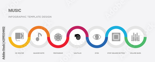 7 filled icon set with colorful infographic template included volume bars, stop square button, eyes, nautilus, pentagram, quaver note, cd writer icons