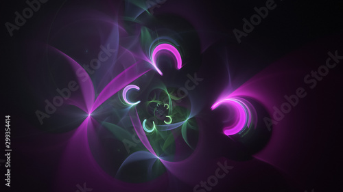 Abstract transparent pink and green crystal shapes. Fantasy light background. Digital fractal art. 3d rendering.