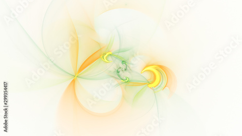 Abstract transparent golden and green crystal shapes. Fantasy light background. Digital fractal art. 3d rendering.