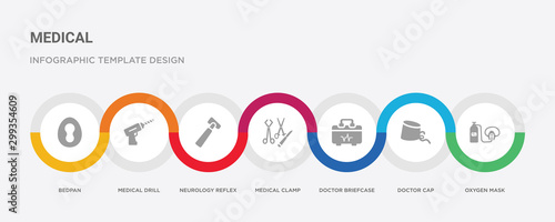 7 filled icon set with colorful infographic template included oxygen mask, doctor cap, doctor briefcase, medical clamp, neurology reflex hammer, medical drill, bedpan icons